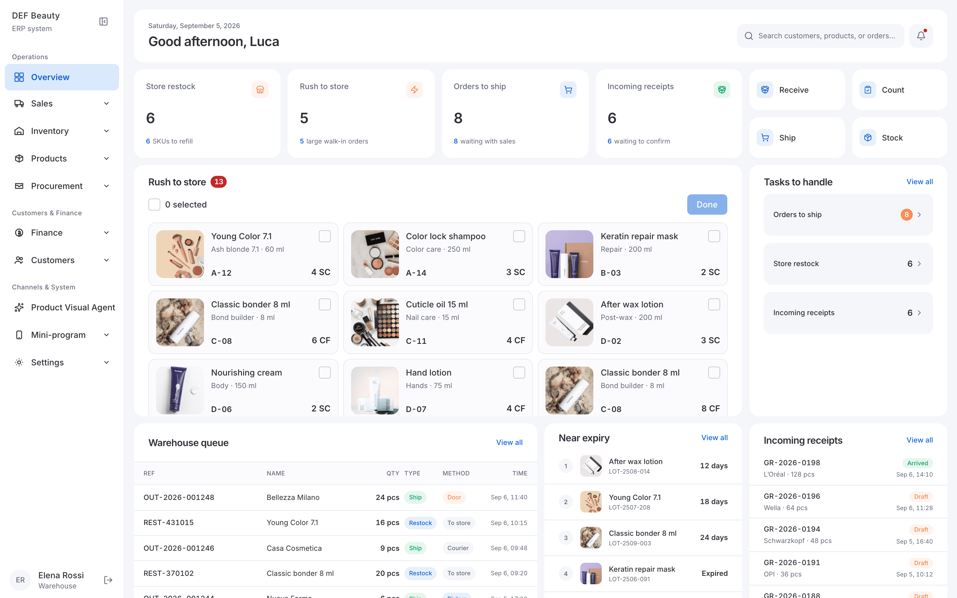 Warehouse dashboard: shared layout, role-specific KPIs and task list.