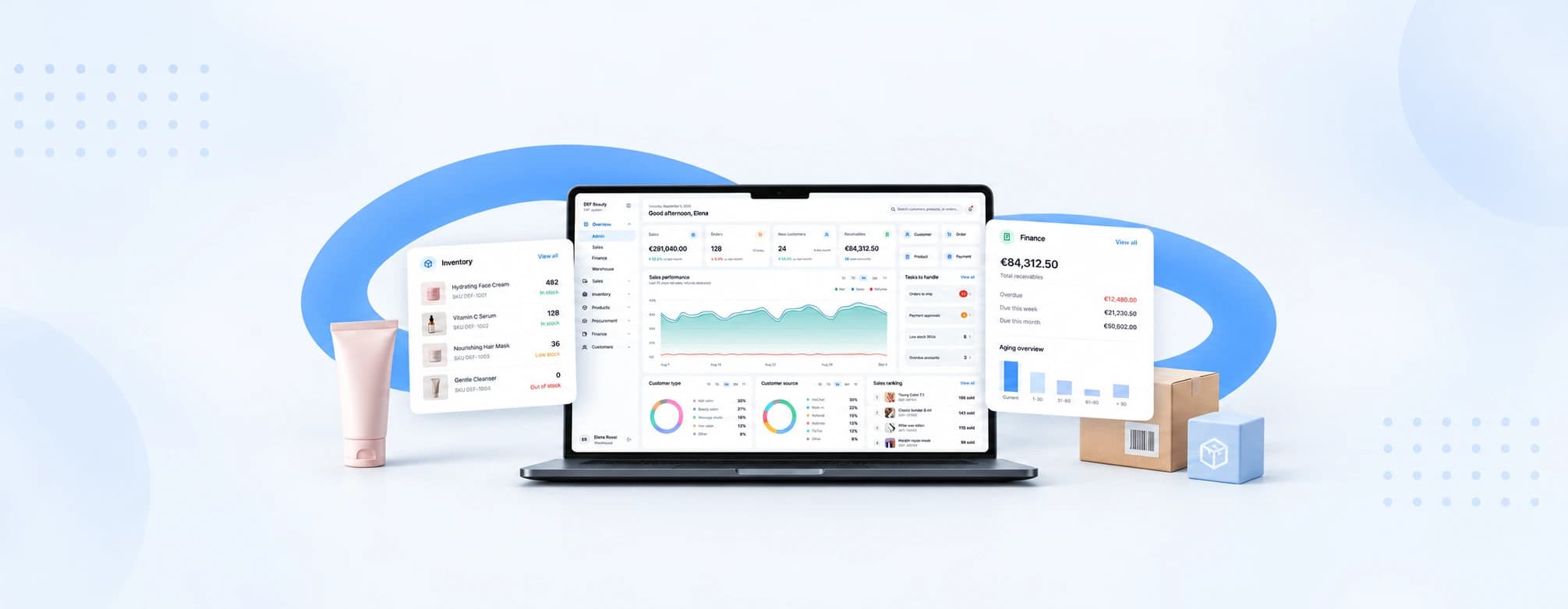 DEF Beauty Supply ERP shown across a central dashboard, an inventory panel, and a finance panel, with beauty products and shipping objects connecting the business workflow.