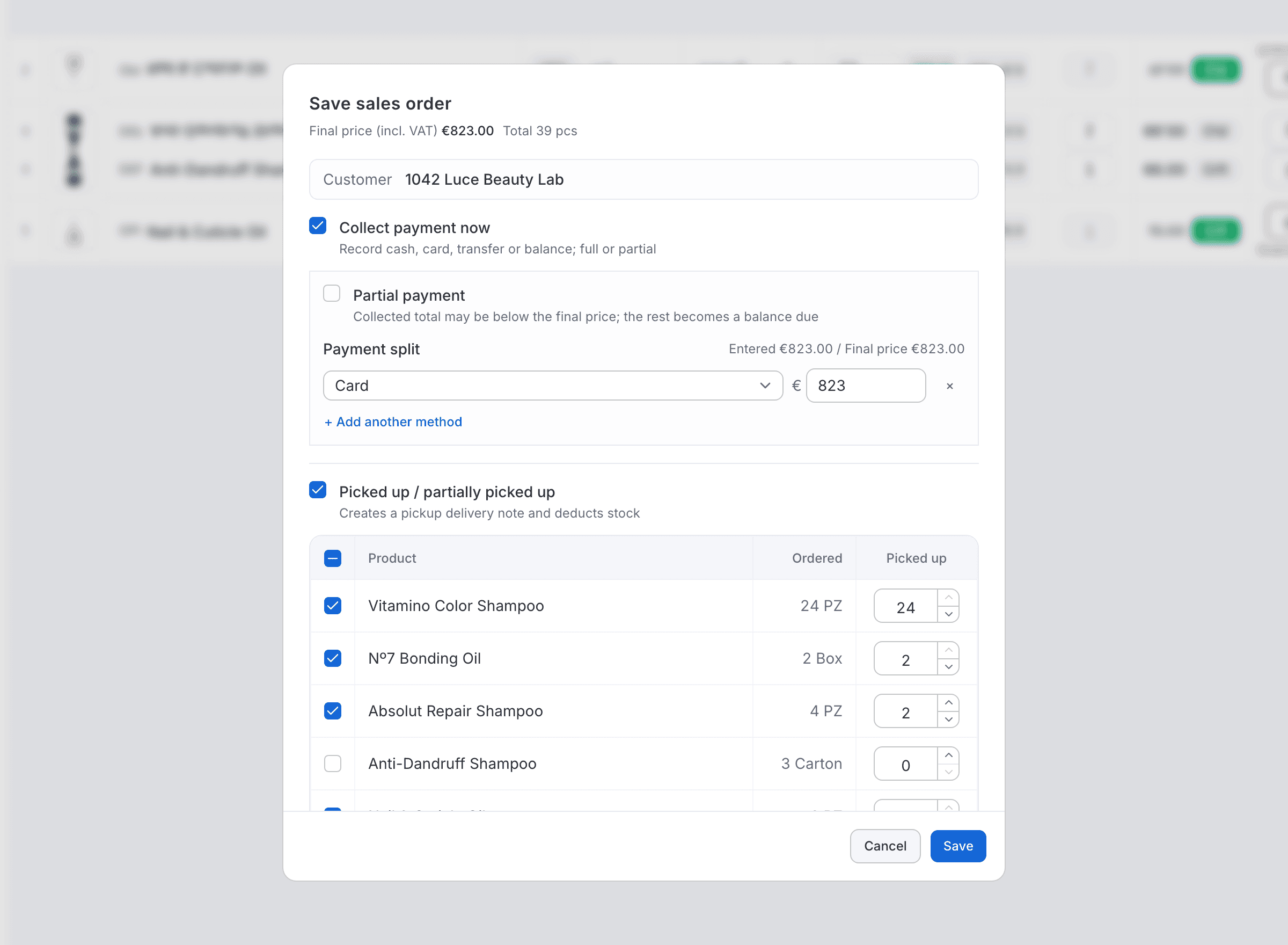 Save sales order dialog: Collect payment now is ticked with a card payment of €823, and Picked up / partially picked up is ticked with a per-line table where 2 of 4 Absolut Repair bottles and 0 of 3 cartons of anti-dandruff shampoo are picked up.