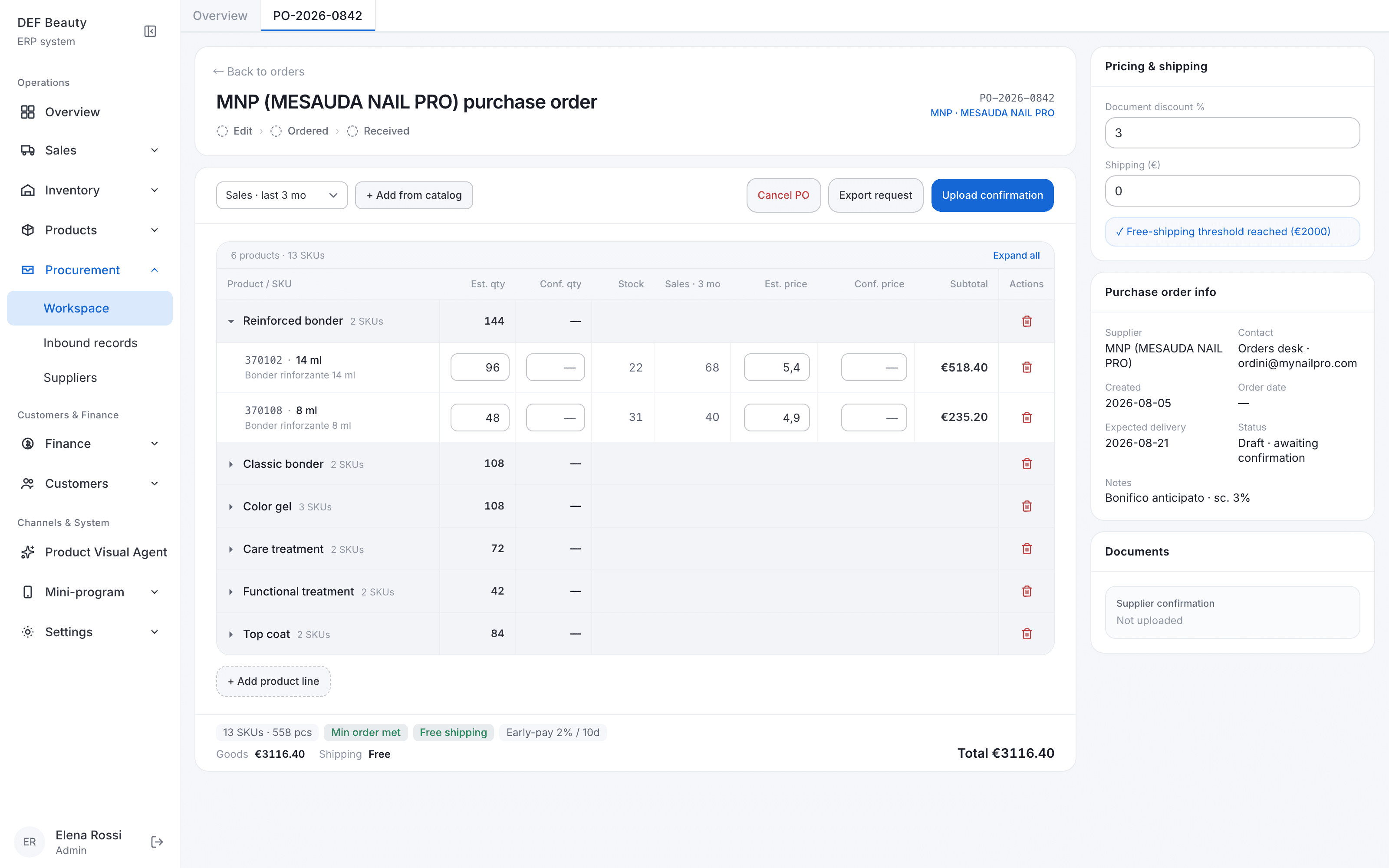 Expanded SKU rows inside a purchase order, showing editable confirmed quantity and confirmed price fields next to system estimates.