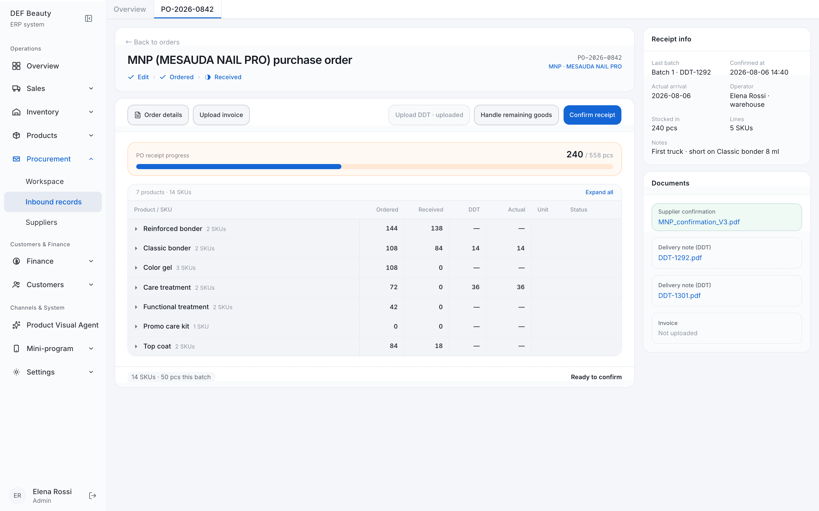 Receiving workspace comparing ordered vs received quantities per SKU, with a short-shipment note and linked supplier confirmation, DDT, and invoice documents.
