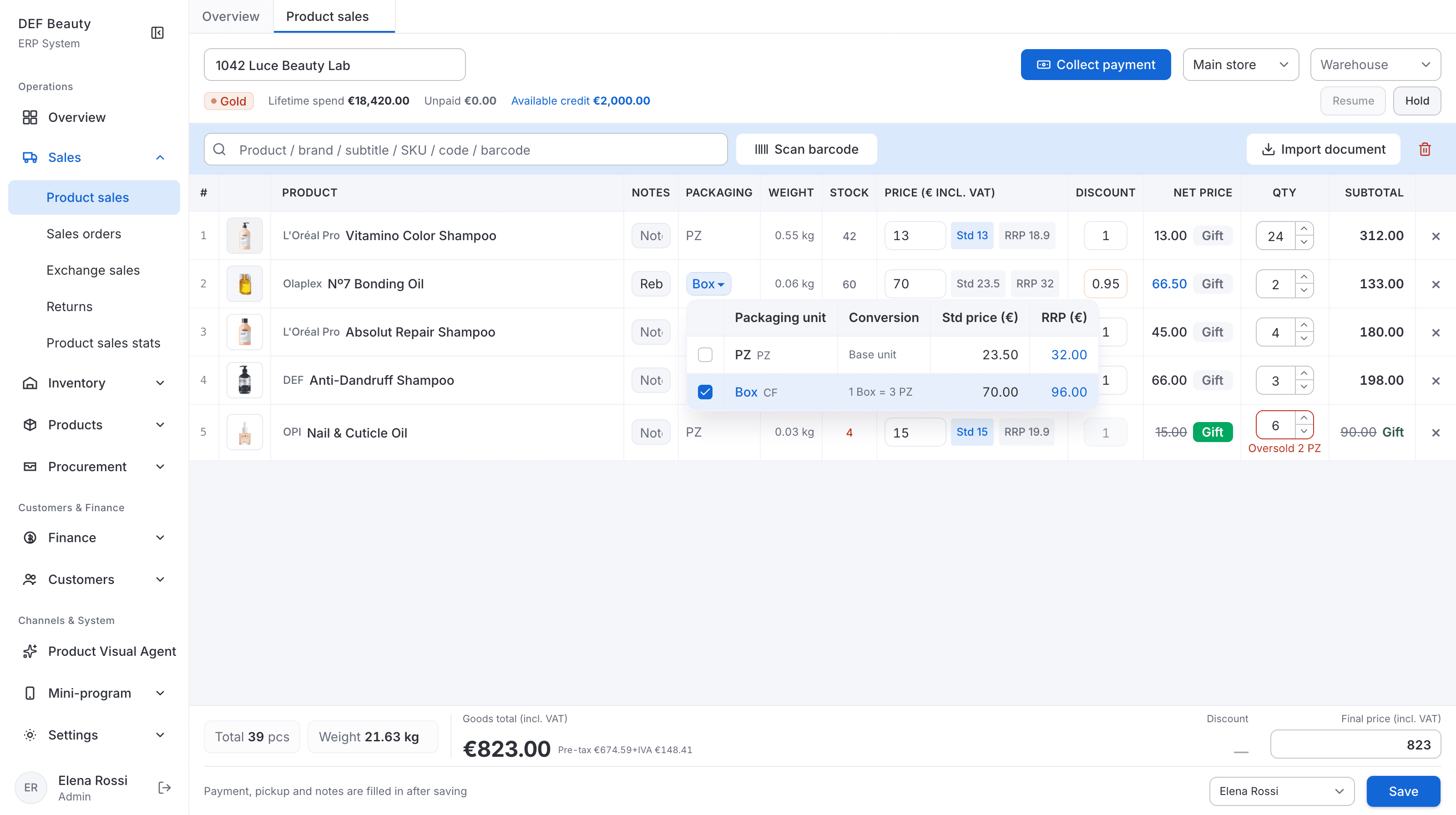 New product sales screen: the same Hold and Resume buttons, with a packaging-unit popover open on one line (piece or box of 3, with prices), live stock, an Oversold 2 pcs warning on a gift line, and a pre-tax and VAT breakdown.