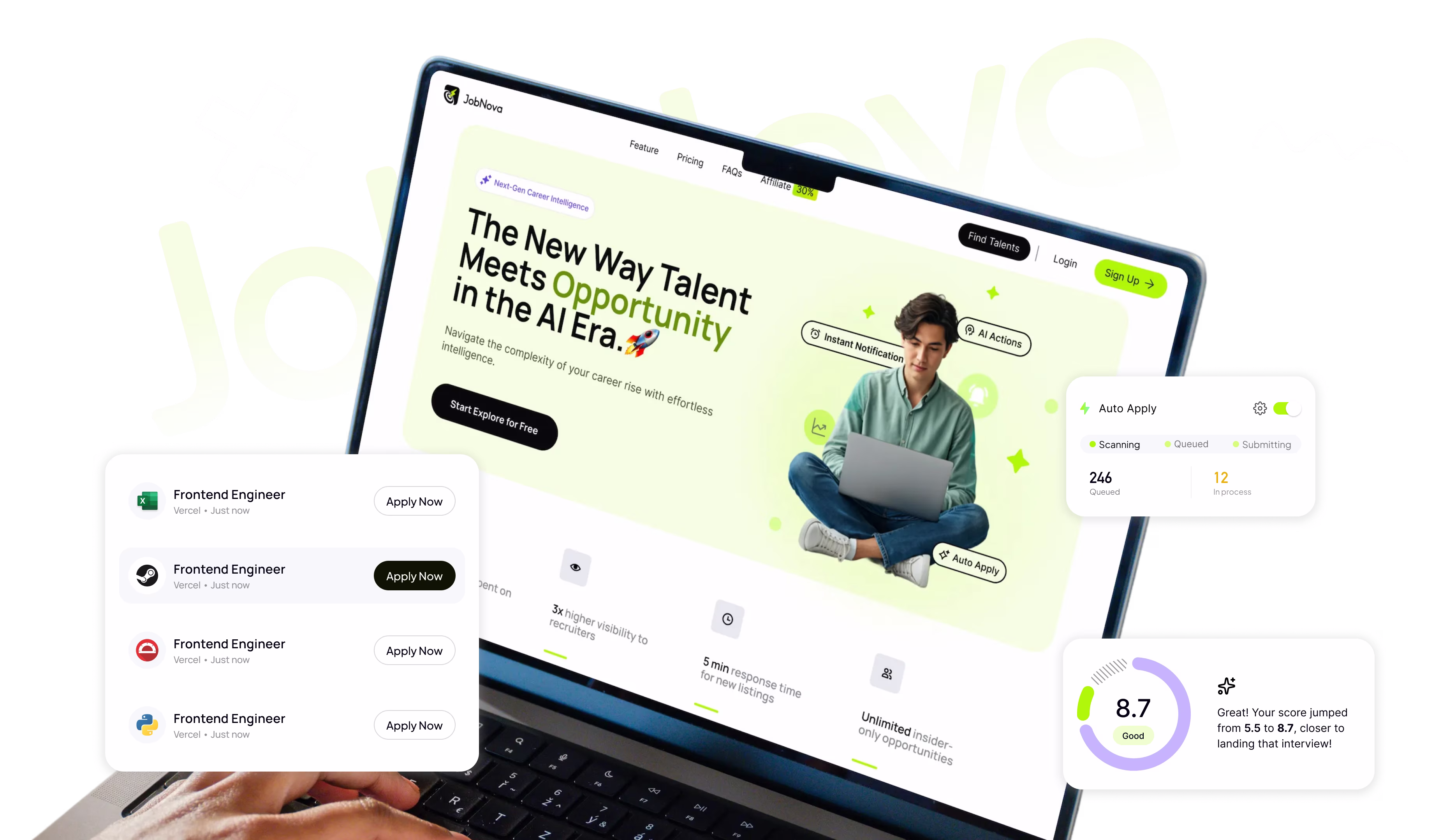 JobNova AI job-search platform shown across job matching, Auto Apply, and application scoring interfaces.