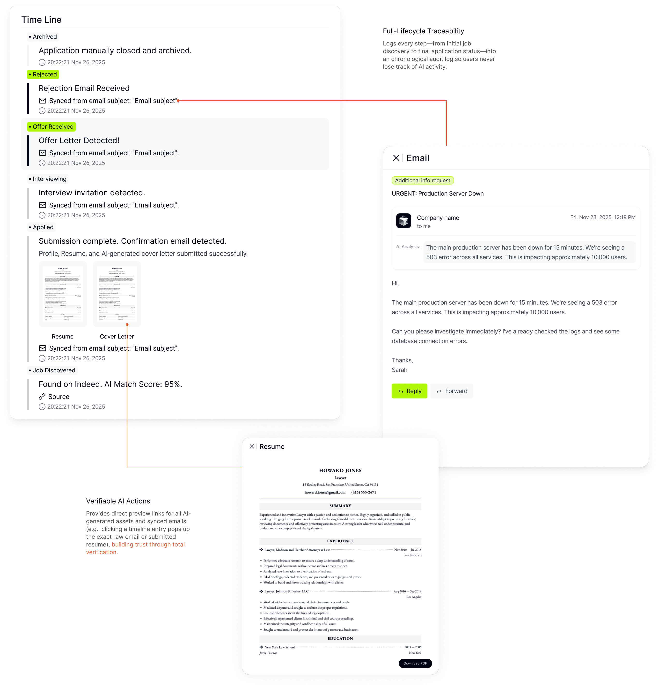JobNova application detail showing a chronological application timeline, submitted materials, status changes, and recruiter email.
