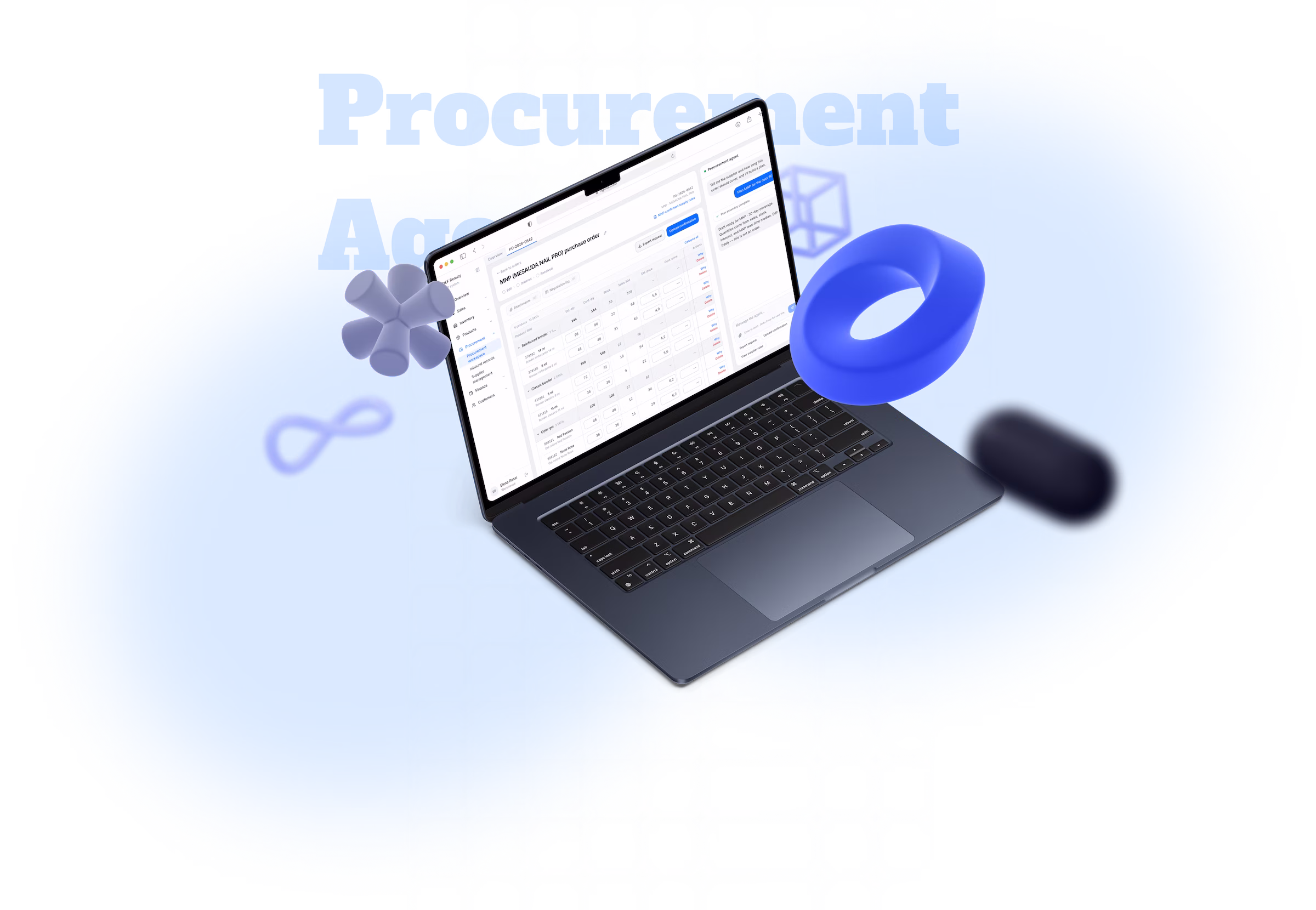 DEF Beauty Supply purchase workspace with supplier purchase orders and an AI procurement agent panel.