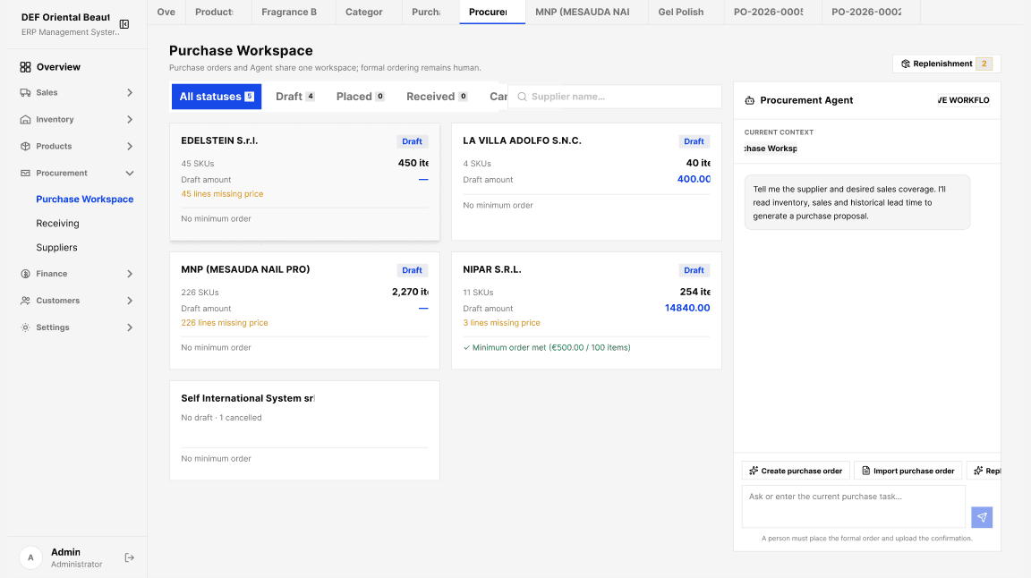 Procurement Agent workspace with the purchase order and the agent panel side by side