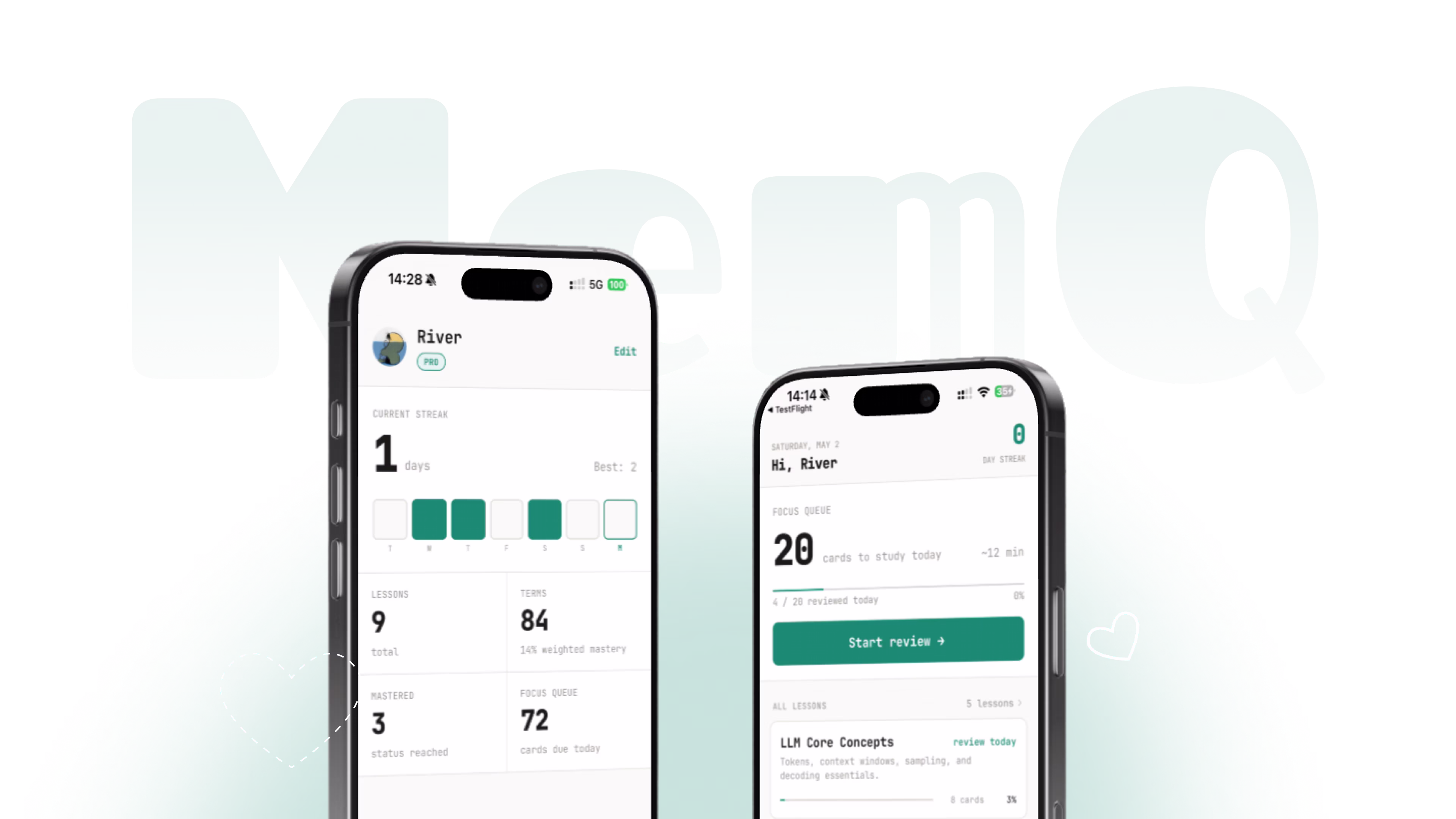 MemQ iOS learning experience shown across knowledge review, progress, and spaced-repetition screens.