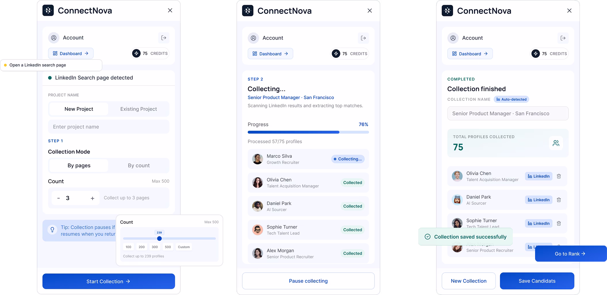 ConnectNova Chrome extension embedded in LinkedIn