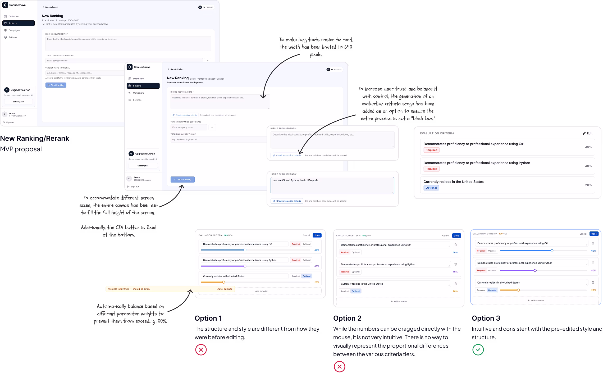 ConnectNova ranking and editable evaluation criteria workflow