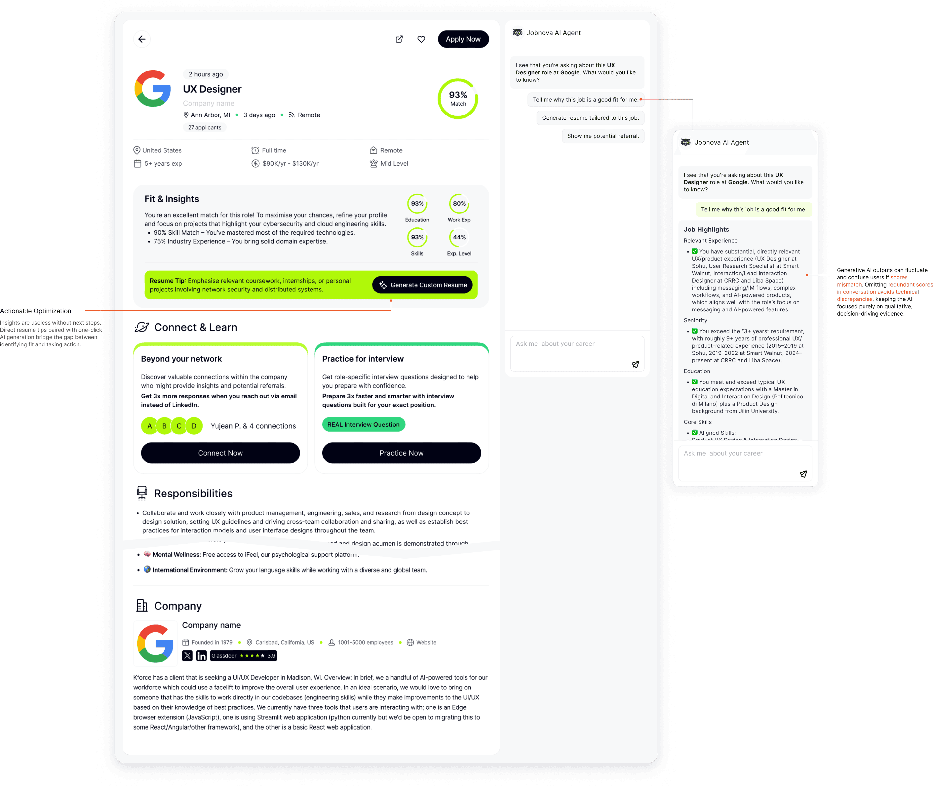 Version 1 job matching: match score, explanation, and generate-resume action on a job detail page.
