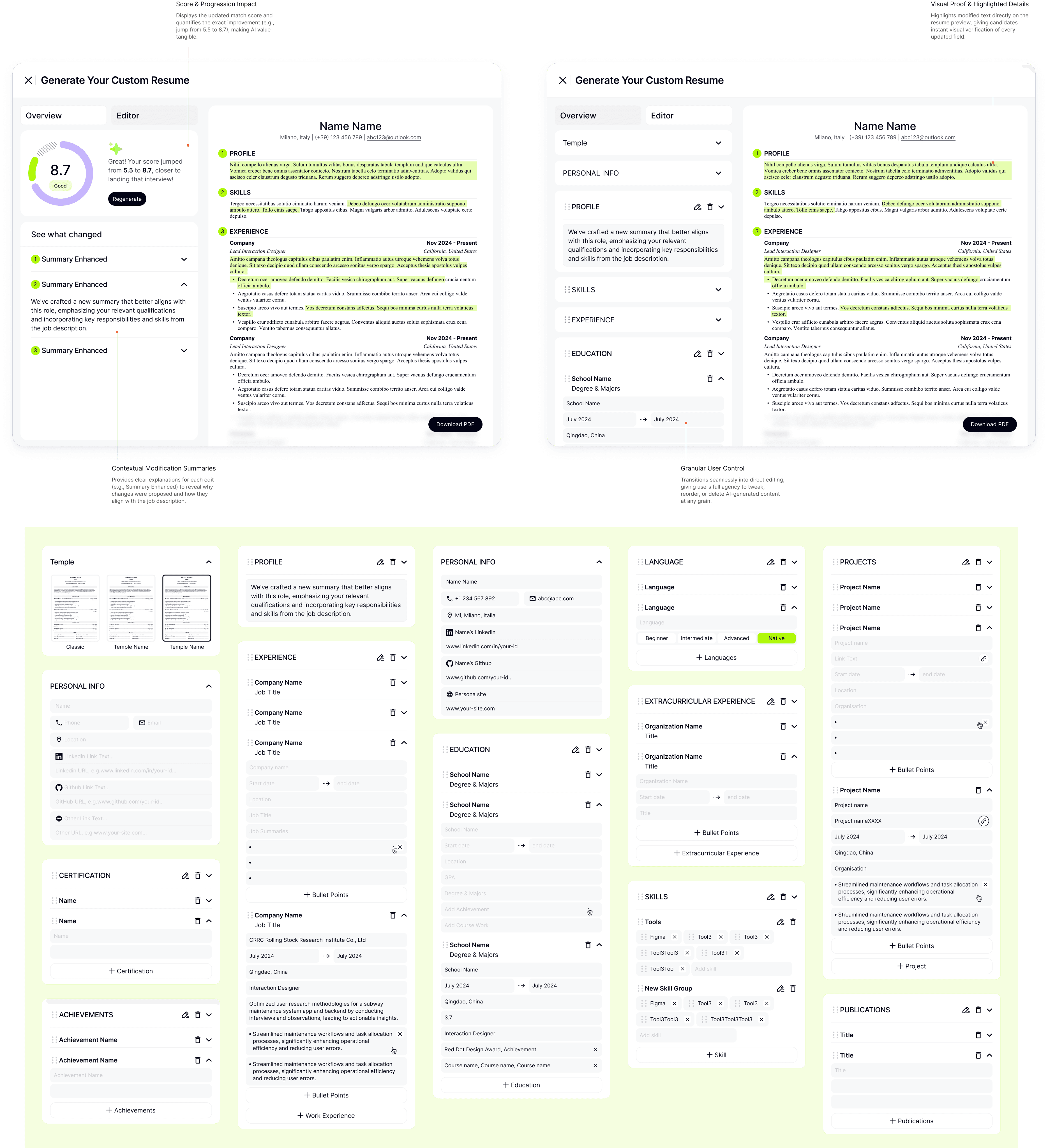 Version 1 resume customization: AI generates a tailored resume, then users review and edit the changes.
