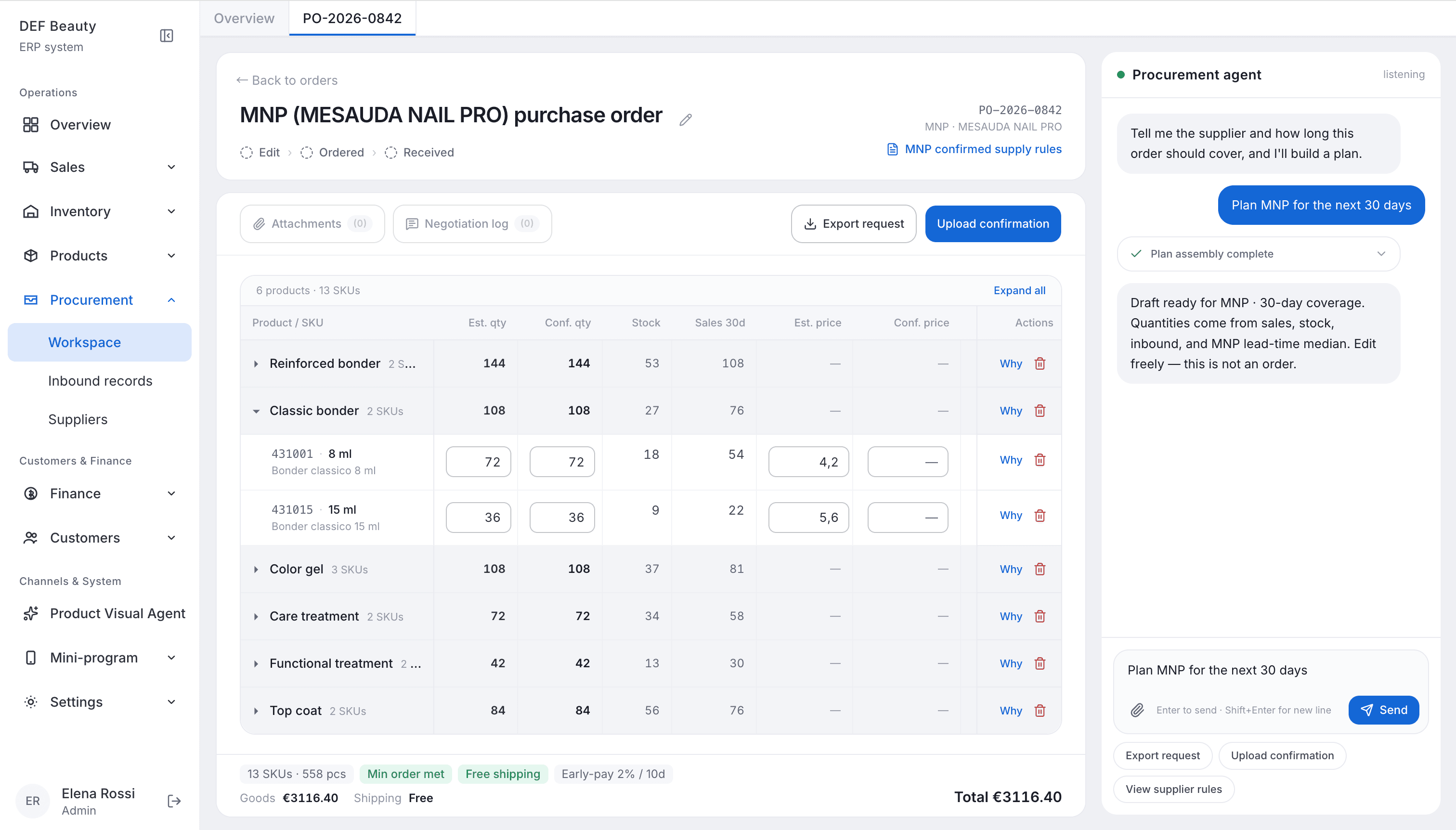 Procurement Agent product interface