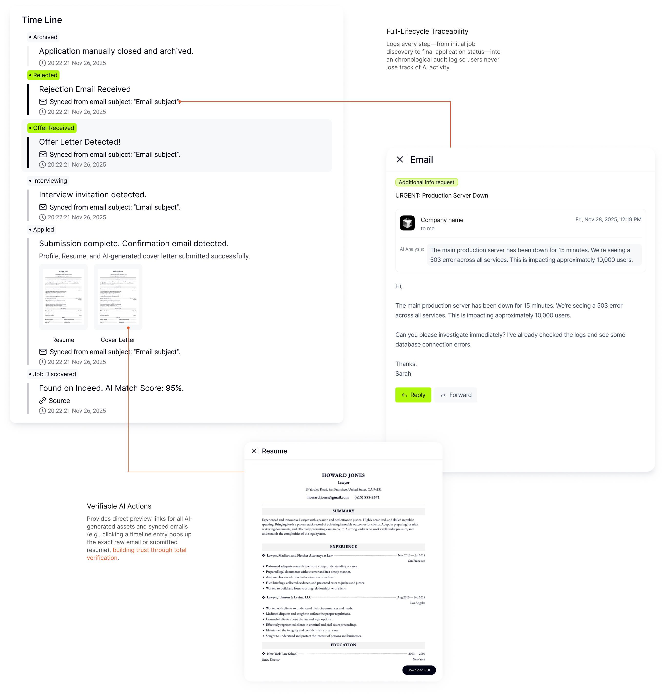 Annotated JobNova application and inbox tracking design